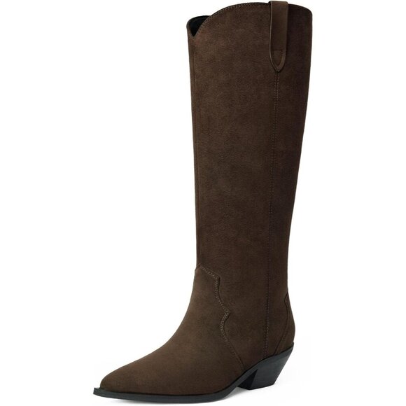 Women's Coffee Knee High Faux Suede Cowgirl Chunky Heel Pointed Toe Boots